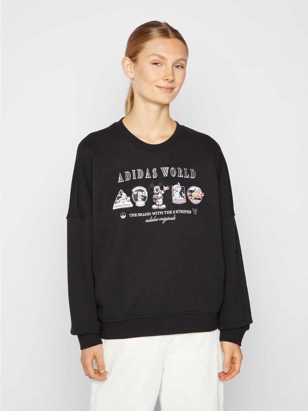 adidas Originals Disney Black Crewneck with Pink & White Space Graphics